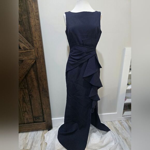 Eliza J Ruffle Front Gown NWT size 6 Navy Blue - Picture 3 of 5